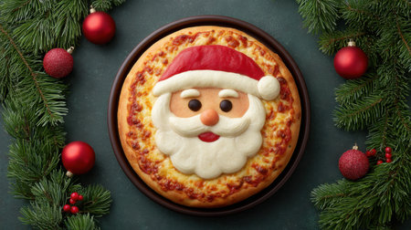 A delightful Christmas pizza featuring a cheerful Santa face, surrounded by festive greenery and ornaments, perfect for holiday gatherings and celebrations.の素材