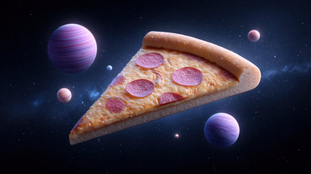 This captivating image features a slice of pepperoni pizza floating in outer space, surrounded by colorful planets. The juxtaposition of food and cosmic elements creates a whimsical and imaginative scene that invites viewers to explore the intersection of culinary delight and the vast universe. Perfect for creative projects or food-themed concepts in a surreal context.の素材