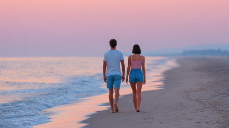 A couple walks hand in hand along a serene beach at sunset, with a stunning sky reflection on the calm waves, capturing a moment of love and tranquility.の素材
