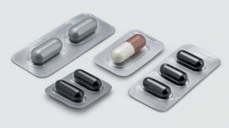 Display of pharmaceutical capsules in various colors and shapes, demonstrating health care options and the importance of medication packaging in treatment strategies.の素材