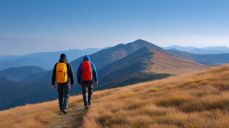 Two hikers embark on a journey along a mountain trail, surrounded by stunning landscapes and clear skies. An inviting outdoor adventure awaits.の素材