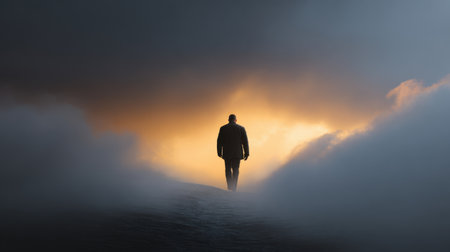 A solitary figure stands in silhouette against a glowing horizon, surrounded by ethereal mist and dramatic clouds, evoking themes of journey and solitude.の素材