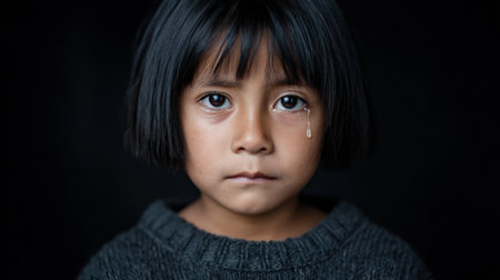 A striking portrait of a young girl with a tear, conveying deep emotions and vulnerability. The image captures her somber expression against a dark background, highlighting the beauty of childhood and the complexity of feelings.の素材