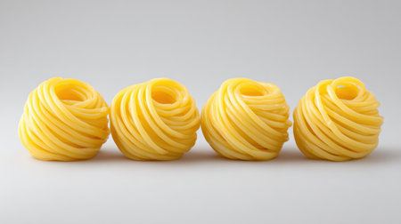 Four balls of fresh yellow pasta dough are artistically arranged against a soft background, perfect for showcasing culinary creativity and Italian cuisine.の素材
