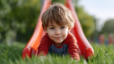 A joyful young child plays on a vibrant red slide in a sunny park, showcasing innocence and excitement while enjoying the fresh green grass.の素材