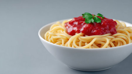 A stunning bowl of freshly cooked spaghetti topped with vibrant tomato sauce and a fresh green herb garnish, perfect for any meal or occasion.の素材