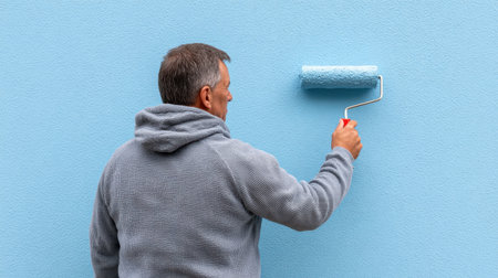 A person engages in painting a light blue wall with a roller, showcasing a vibrant home improvement project. The scene reflects a relaxed and focused approach to DIY work.の素材