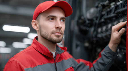 A focused worker in a red uniform inspects heavy machinery, showcasing attention to detail in an industrial environment, emphasizing professional dedication.の素材