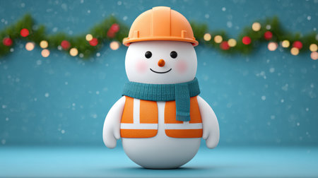 A delightful snowman character wearing an orange hard hat and a blue scarf, set against a colorful festive background with holiday lights. This cheerful design embodies the spirit of winter and construction, perfect for holiday-themed projects.の素材