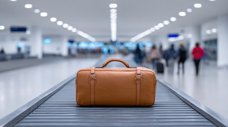 A stylish brown leather travel bag rests on the conveyor belt in a modern airport, embodying the excitement and anticipation of travel journeys ahead.の素材