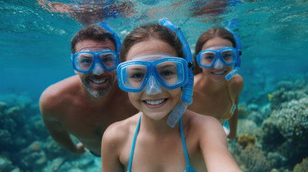 A joyful family experiences snorkeling in a vibrant underwater world, exploring colorful coral reefs, and enjoying quality time together in the ocean.の素材