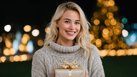 A joyful young woman in a cozy sweater holds a beautifully wrapped gift box celebrating the holiday season amidst a backdrop of twinkling lights.の素材