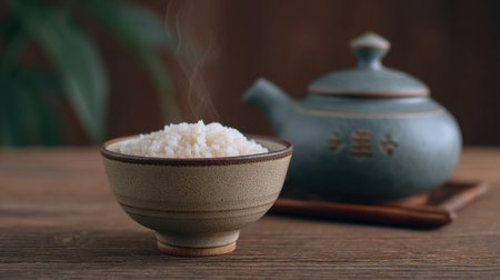 This image showcases a bowl of freshly cooked white rice emitting steam, accompanied by a traditional teapot on a wooden tray, creating a cozy dining atmosphere.の素材