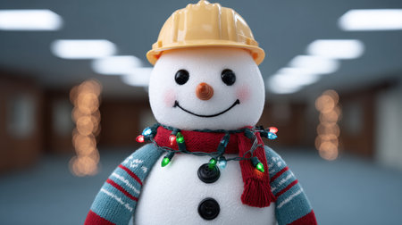 A whimsical snowman wearing a yellow construction hat and adorned with colorful Christmas lights creates a joyful and festive indoor atmosphere.の素材