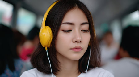 A young woman with headphones, immersed in her music, captures a serene moment in public transport, highlighting city life and personal enjoyment.の素材