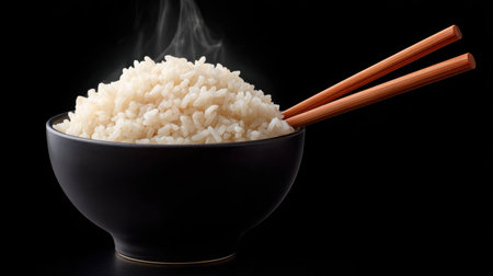 A closeup of a steaming bowl of white rice, beautifully presented with chopsticks. This image captures the essence of Asian cuisine, highlighting the warmth and simplicity of this beloved food. Ideal for restaurant menus, cooking blogs, or food-related content.の素材