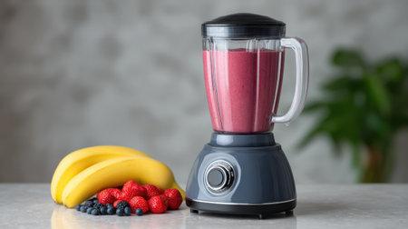A sleek blender filled with a vibrant berry smoothie sits proudly on a kitchen countertop, accompanied by ripe bananas and fresh berries, showcasing healthy nutrition and culinary creativity.の素材