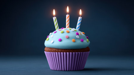 A vibrant birthday cupcake adorned with colorful sprinkles and three lit candles, creating a cheerful atmosphere for celebrations and festivities.の素材