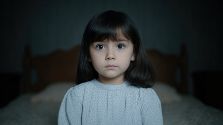 A captivating portrait of a thoughtful little girl in a dimly lit room, conveying a sense of innocence and curiosity through her expressive gaze.の素材