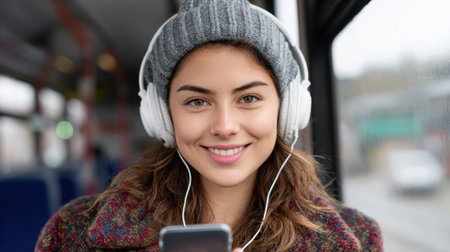 A cheerful young woman listens to music on her smartphone while traveling on a bus. She is wearing headphones and a cozy winter hat, embodying a sense of joy and relaxation in urban transport.の素材