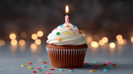 A beautifully decorated chocolate cupcake topped with creamy frosting and colorful sprinkles, perfect for birthday celebrations and special occasions.の素材
