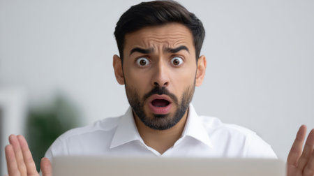 A young man displays shock and surprise as he looks at a laptop screen in a modern office setting, highlighting the emotional responses to unexpected information.の素材