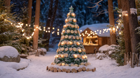 A picturesque winter scene showcases a beautifully adorned Christmas tree glowing in a snowy forest, creating a magical and tranquil ambiance for the holidays.の素材