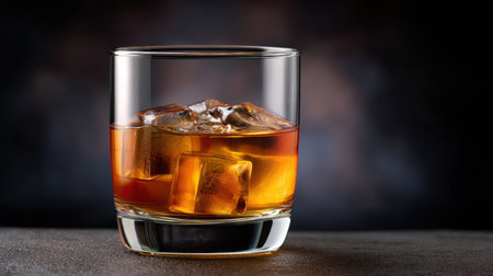 A close-up view of a glass of whiskey served with ice cubes, set against a dark backdrop, perfect for depicting beverage culture or bar aesthetics.の素材