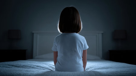 A solitary child sits on a bed in a darkened bedroom, with soft light creating a tranquil atmosphere. The scene captures innocence, reflection, and emotion.の素材
