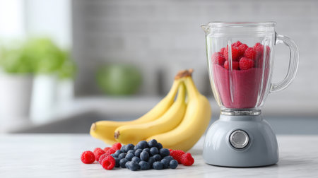 A modern blender filled with fresh raspberries and colorful fruit showcases a healthy smoothie preparation in a bright kitchen setting.の素材