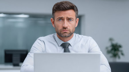 A businessman appears concerned while looking at his laptop screen in a modern office setting. His serious expression reflects the challenges of modern work life.の素材