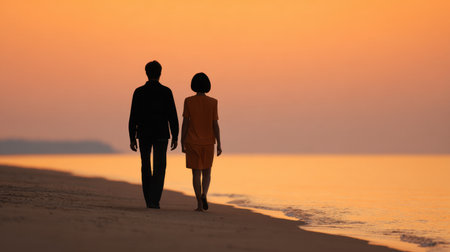A serene moment capturing a couple walking hand-in-hand along a tranquil beach at sunset, silhouetted against a stunning orange sky, evoking romance and connection.の素材