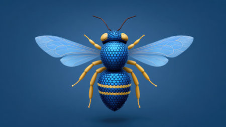 This vivid 3D illustration showcases a stylized bee with bright colors and intricate detailing, set against a smooth blue background, perfect for creative projects.の素材