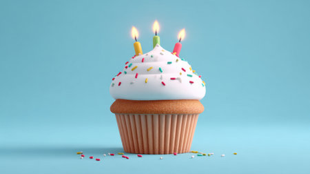 A delightful cupcake adorned with colorful frosting and three lit candles, set against a vivid blue background, perfect for birthday celebrations and fun events.の素材
