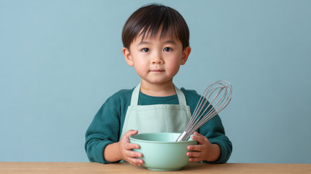 A cheerful young child wearing an apron holds a whisk and bowl in a bright kitchen setting. The light blue backdrop adds warmth to this playful cooking moment.の素材