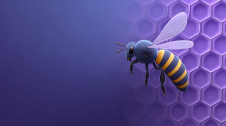 A vibrant illustration showcasing a colorful bee against a hexagonal honeycomb background in a rich purple gradient, symbolizing natureの素材