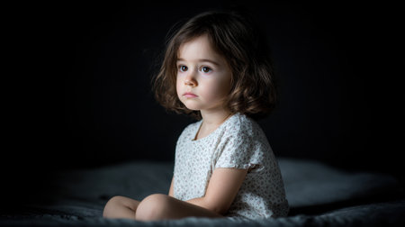 A thoughtful young girl sits quietly on a bed, showcasing a moment of curiosity and innocence. The soft natural light contrasts with the dark background.の素材
