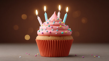 A beautifully decorated birthday cupcake featuring pink frosting, colorful sprinkles, and lit candles. Perfect for capturing the essence of celebrations.の素材