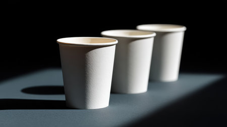 A collection of three white paper cups arranged in a minimalist style, featuring dynamic light and shadow that enhances the simplicity and elegance of the scene.の素材