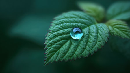 This close-up image captures a single water droplet resting on a lush green leaf, showcasing delicate textures and vibrant colors found in nature.の素材