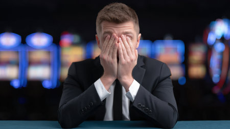 A somber young man in a suit hides his face in despair at a casino. The colorful lights and blurred slot machines create a stark contrast to his distress, emphasizing the emotional turmoil of gambling.の素材
