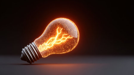 A beautifully illuminated light bulb featuring electric sparks inside, set against a dark background. This captivating image symbolizes energy, creativity, and modern design.の素材