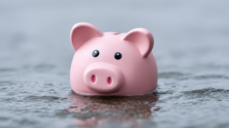 A charming pink piggy bank floats gracefully on the surface of water, symbolizing financial savings and prosperity amid uncertainty, evoking tranquility.の素材