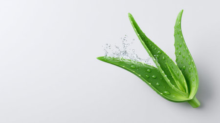 A vibrant aloe vera leaf adorned with fresh water droplets and a splash effect, symbolizing natural beauty and wellness in skincare applications.の素材