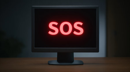 A striking image of a computer screen displaying a bright red 'SOS' signal in a dimly lit environment. This scene conveys a strong sense of urgency and the need for immediate assistance.の素材