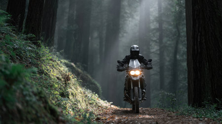 A thrilling scene of a motorcyclist navigating a misty forest path, surrounded by towering trees and beams of sunlight, capturing the spirit of adventure.の素材