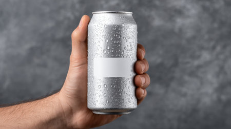 A close-up image of a person's hand holding a chilled aluminum can covered in condensation on a textured gray background, perfect for beverage mockups.の素材