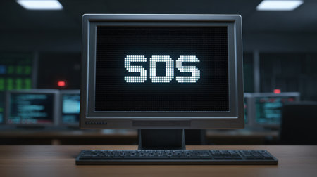 A high-tech computer screen shows the term SDS in bright pixels against a dark control room backdrop. The sleek workspace features illuminated equipment, setting a futuristic tone for technology and monitoring operations.の素材