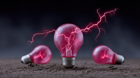 This captivating image showcases three red light bulbs, elegantly emitting lightning bolts against a dramatic dark background, symbolizing electrical energy and creativity.の素材