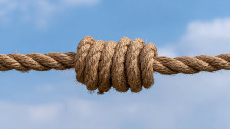 This image showcases a close-up of a strong knot in a natural fiber rope, highlighting its intricate twists against a clear blue sky. Ideal for themes of adventure and craftsmanship.の素材